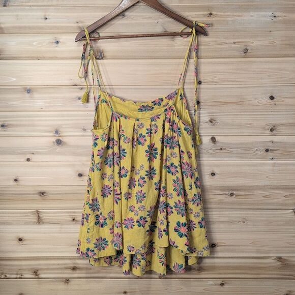 Free People Top Womens Large Yellow Molly Tunic Sleeveless Floral Boho - Picture 4 of 9